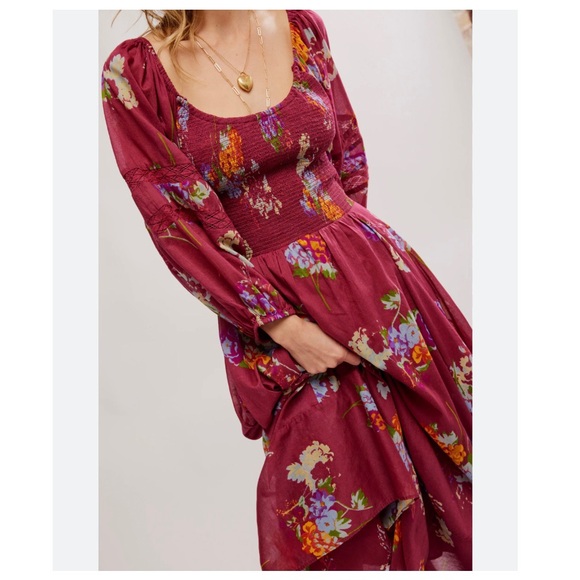 FREE PEOPLE MORNING GLORY BERRY RED SMOCKED MAXI DRESS. NEW IN STORES! NWT SzM - Picture 8 of 10